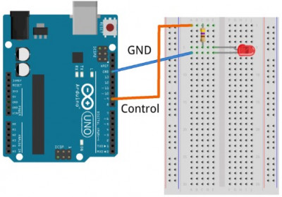 Layout of the breadboard for controlling the LED with Arduino