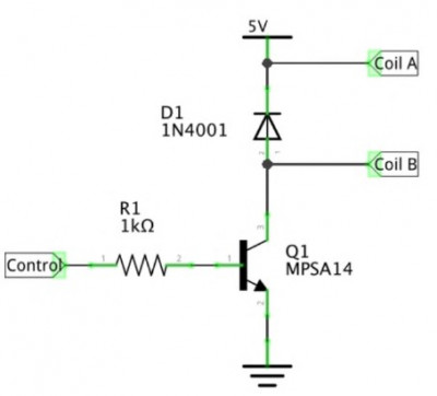 Power key of unipolar stepper motor on one transistor