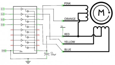 Unipolar stepper motor control circuit (wire colors of the real circuit may differ from those shown here)