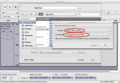 Audacity program selection of export parameters