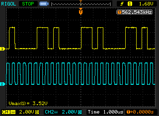 Fig. 11. Oscillogram of the program operation, lower graph (blue) signal SCK, upper (yellow) signal on the MOSI pin