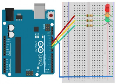 Layout of a breadboard for a traffic light controlled by Arduino