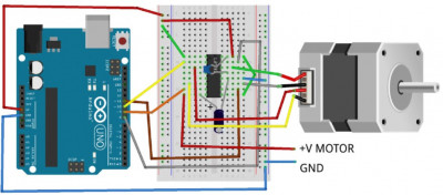 Layout of breadboard for controlling bipolar stepper motor with Arduino